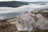 Striking footage shows a decommissioned oil rig being demolished with a controlled explosion, at Kishorn Port Limited's dry dock facility in Strathcarron, Wester Ross, Scotland